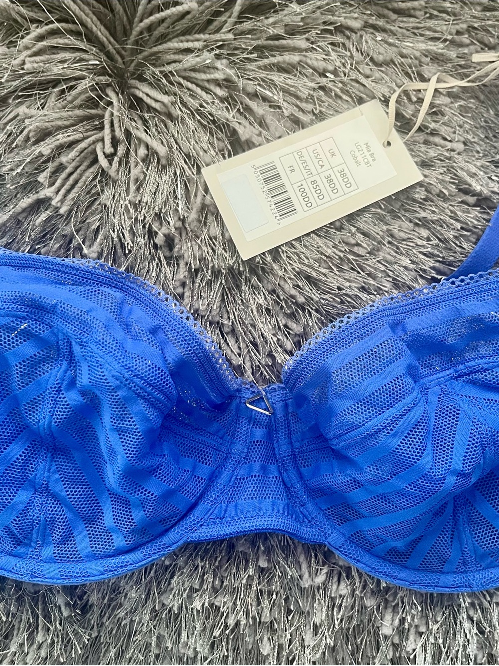 38DD Royal/Cobalt Blue Lace Underwire Bra with Sheer Stripe Detail